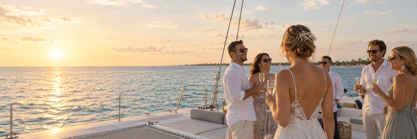 Visual concept: a bride and her wedding guests sharing a sunset on a Caribbean catamaran.