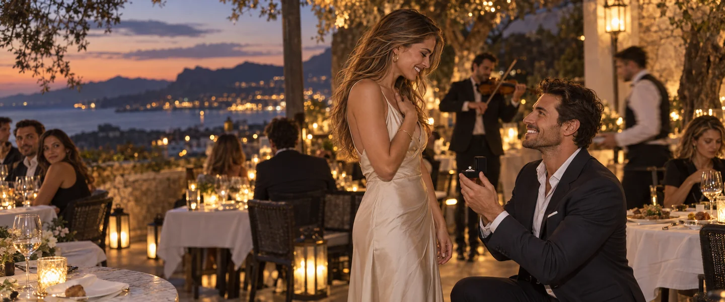 Fictional couple Emma and Daniel during a restaurant proposal, used in the example invitation.